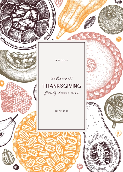 Thanksgiving desserts menu design. Hand sketched desserts with apple, pecan, pumpkin. Traditional pies for Thanksgiving dinner in vintage style. Top view autumn food background. Cooking at home design